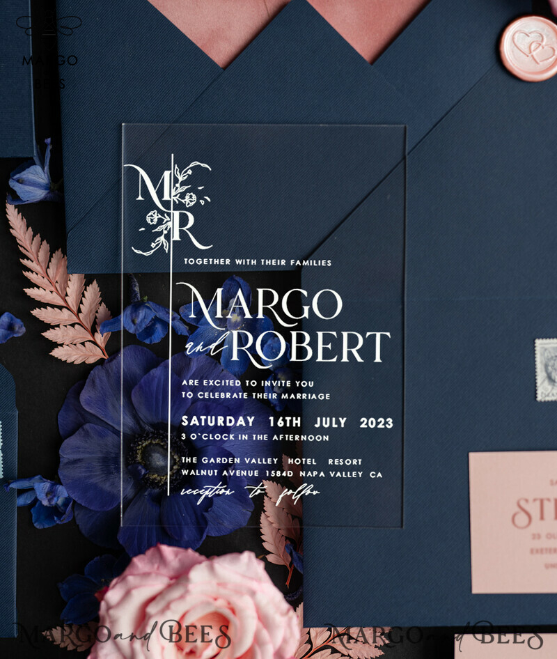 Luxury Navy Wedding Stationary: Elegant Acrylic Wedding Cards with Velvet Modern Wedding Invitations - Romantic Minimalist Wedding Invites-6