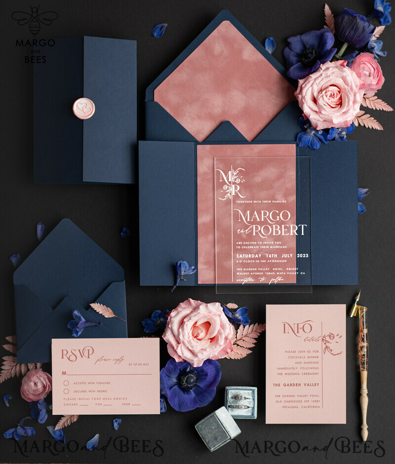 Luxury Navy Wedding Stationary: Elegant Acrylic Wedding Cards with Velvet Modern Wedding Invitations - Romantic Minimalist Wedding Invites-0