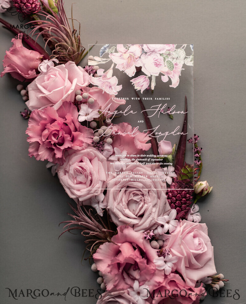 Luxury Floral Acrylic Plexi Wedding Invitations: Romantic Blush Pink Vintage Wedding Invitation Suite - Elegant and Handmade Wedding Cards-1