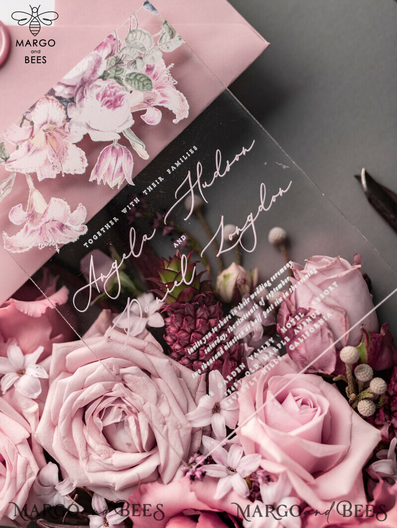 Luxury Floral Acrylic Plexi Wedding Invitations: Romantic Blush Pink Vintage Wedding Invitation Suite - Elegant and Handmade Wedding Cards-14