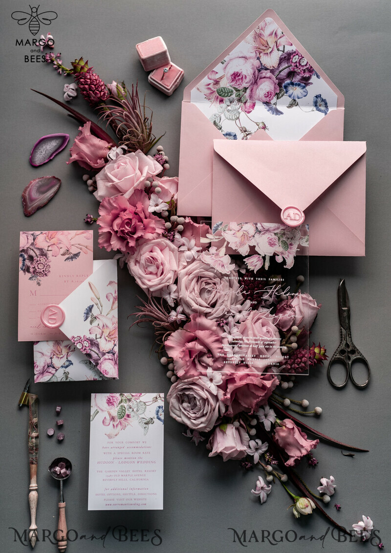 Luxury Floral Acrylic Plexi Wedding Invitations: Romantic Blush Pink Vintage Wedding Invitation Suite - Elegant and Handmade Wedding Cards-15