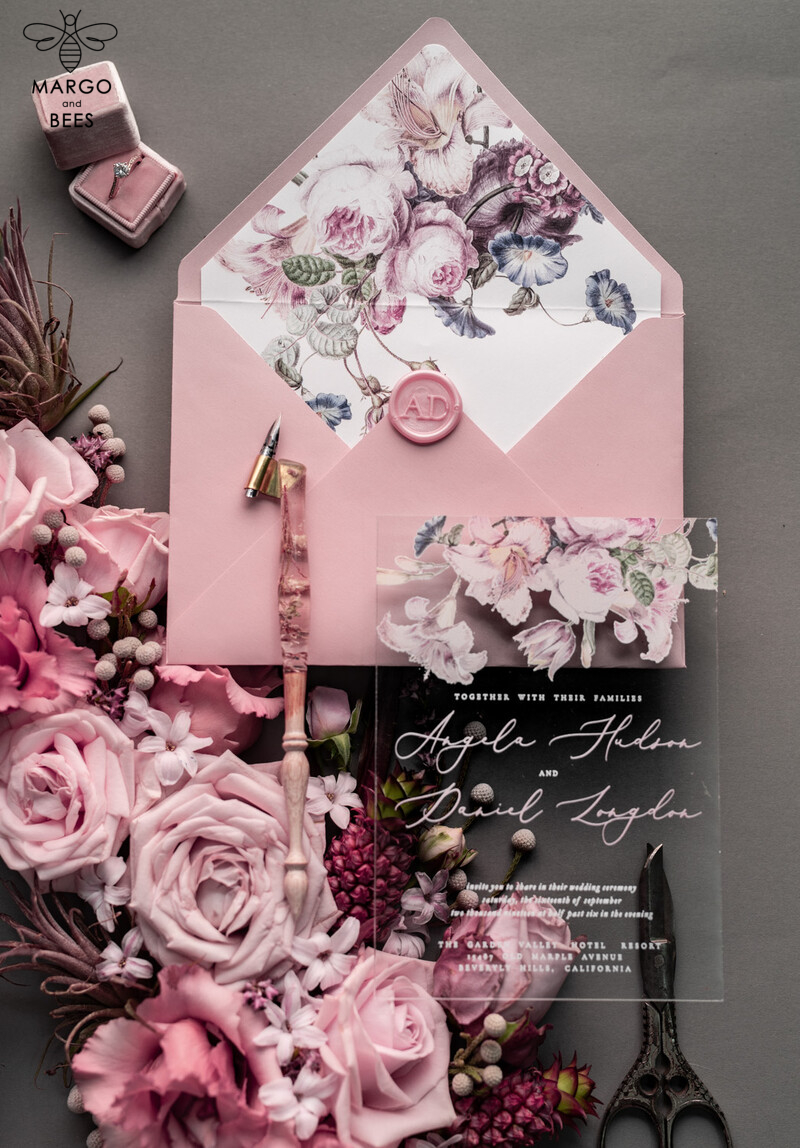 Luxury Floral Acrylic Plexi Wedding Invitations: Romantic Blush Pink Vintage Wedding Invitation Suite - Elegant and Handmade Wedding Cards-16