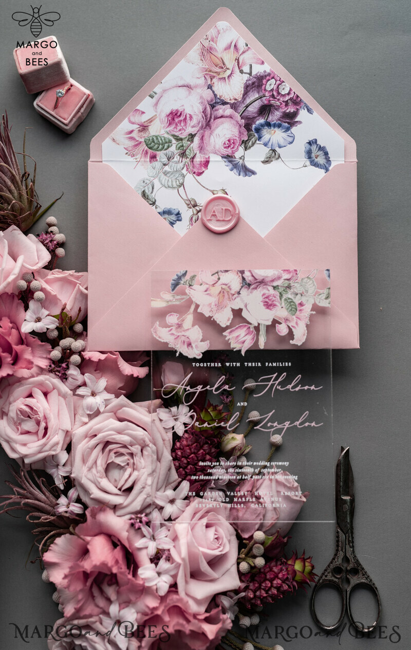 Luxury Floral Acrylic Plexi Wedding Invitations: Romantic Blush Pink Vintage Wedding Invitation Suite - Elegant and Handmade Wedding Cards-2