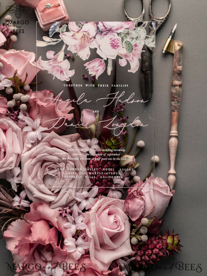 Luxury Floral Acrylic Plexi Wedding Invitations: Romantic Blush Pink Vintage Wedding Invitation Suite - Elegant and Handmade Wedding Cards-29