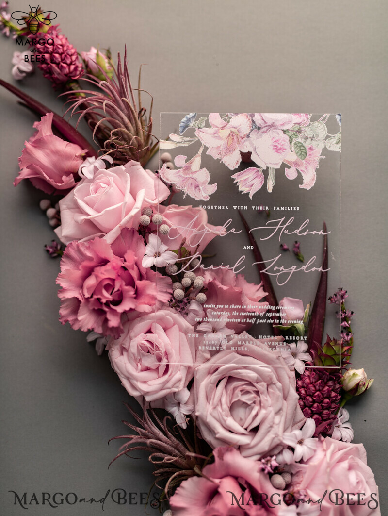 Luxury Floral Acrylic Plexi Wedding Invitations: Romantic Blush Pink Vintage Wedding Invitation Suite - Elegant and Handmade Wedding Cards-5