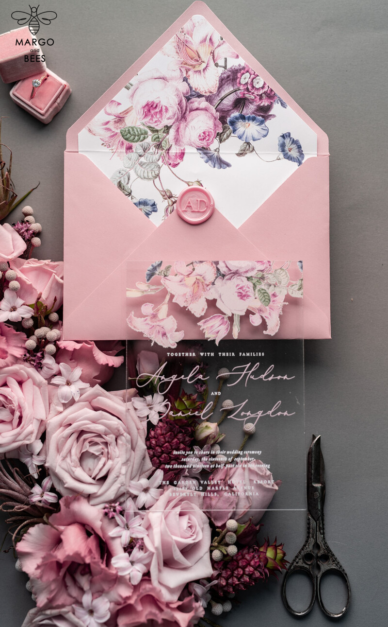 Luxury Floral Acrylic Plexi Wedding Invitations: Romantic Blush Pink Vintage Wedding Invitation Suite - Elegant and Handmade Wedding Cards-8