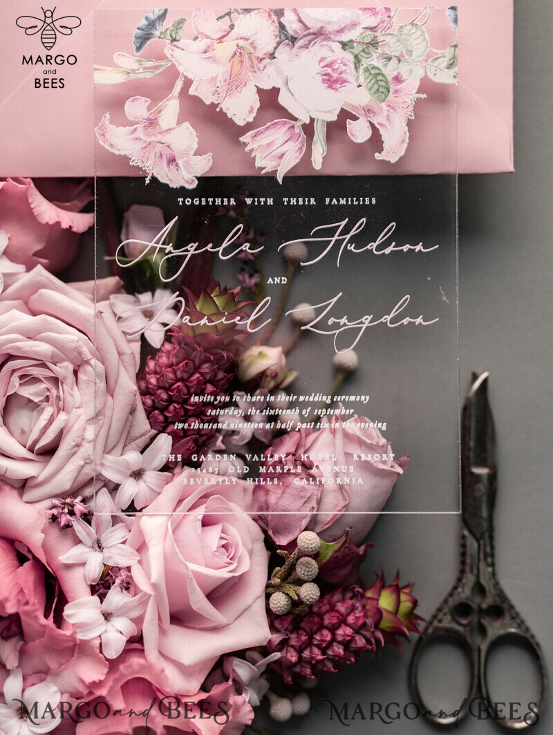 Luxury Floral Acrylic Plexi Wedding Invitations: Romantic Blush Pink Vintage Wedding Invitation Suite - Elegant and Handmade Wedding Cards-9