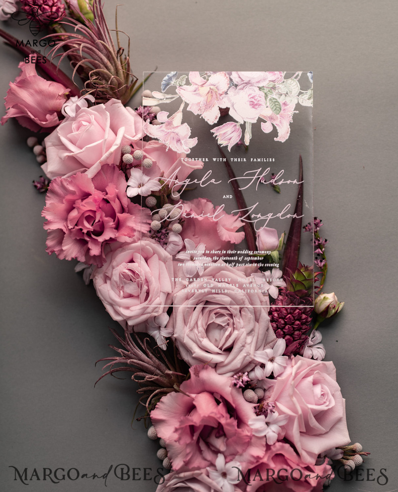 Luxury Floral Acrylic Plexi Wedding Invitations, Romantic Blush Pink Wedding Invites, Vintage Wedding Invitation Suite, Elegant And Handmade Wedding Cards-1