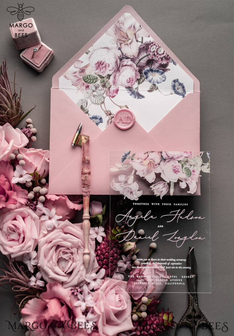 Luxury Floral Acrylic Plexi Wedding Invitations, Romantic Blush Pink Wedding Invites, Vintage Wedding Invitation Suite, Elegant And Handmade Wedding Cards-16