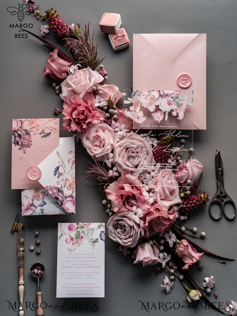 Luxury Floral Acrylic Plexi Wedding Invitations, Romantic Blush Pink Wedding Invites, Vintage Wedding Invitation Suite, Elegant And Handmade Wedding Cards-18