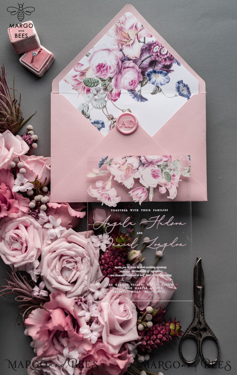 Luxury Floral Acrylic Plexi Wedding Invitations, Romantic Blush Pink Wedding Invites, Vintage Wedding Invitation Suite, Elegant And Handmade Wedding Cards-2