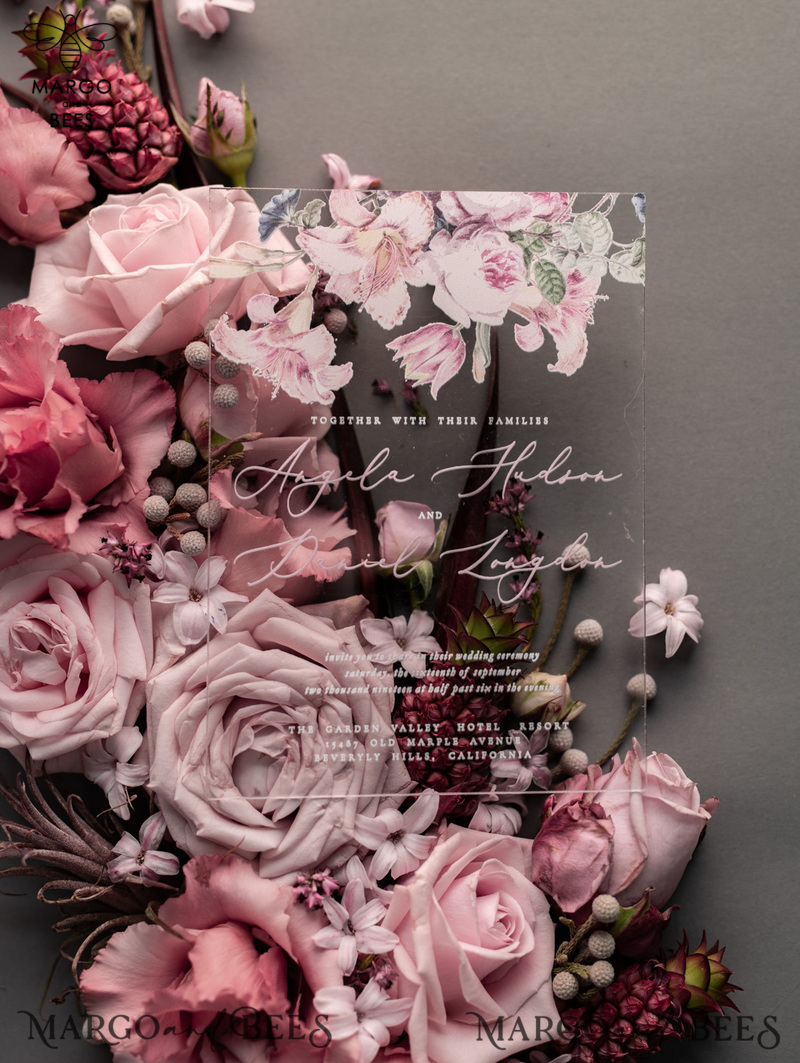 Luxury Floral Acrylic Plexi Wedding Invitations, Romantic Blush Pink Wedding Invites, Vintage Wedding Invitation Suite, Elegant And Handmade Wedding Cards-23