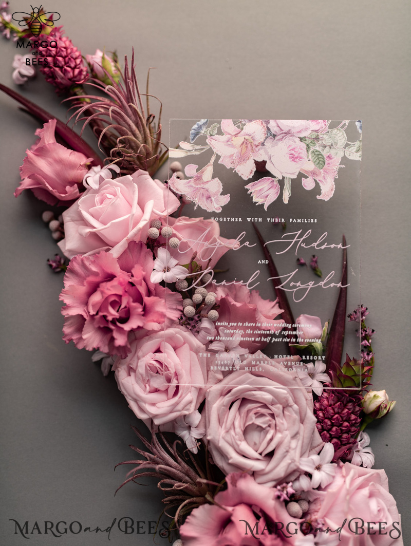 Luxury Floral Acrylic Plexi Wedding Invitations, Romantic Blush Pink Wedding Invites, Vintage Wedding Invitation Suite, Elegant And Handmade Wedding Cards-5