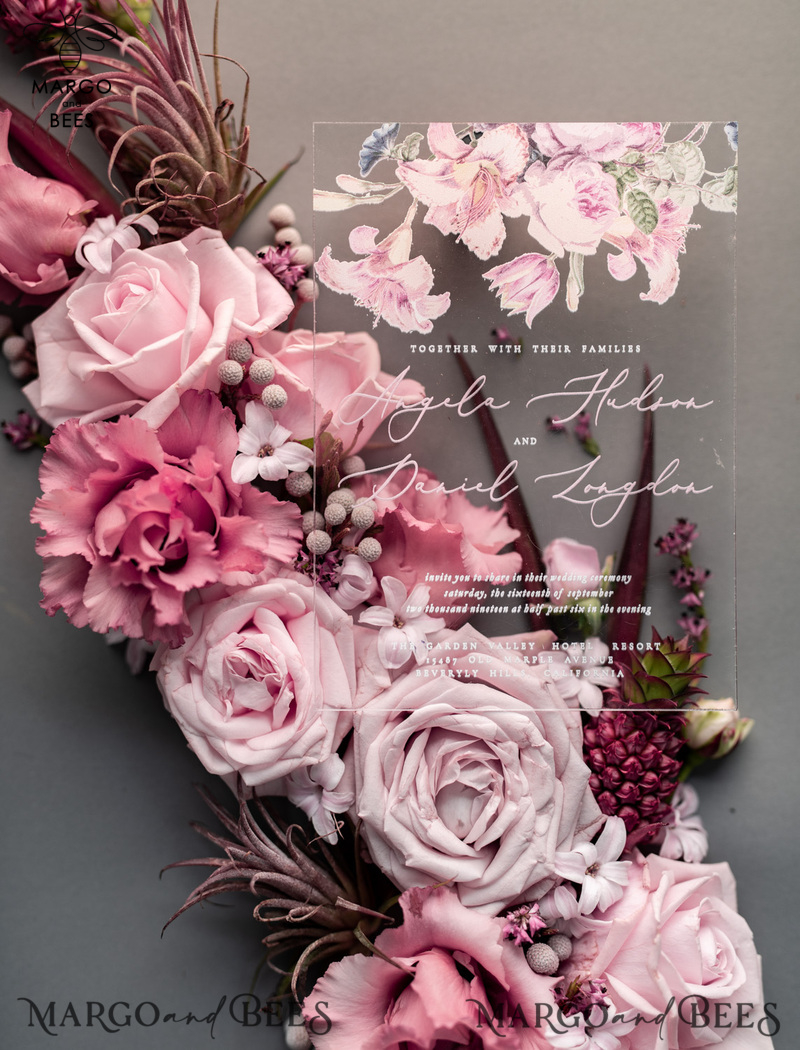 Luxury Floral Acrylic Plexi Wedding Invitations, Romantic Blush Pink Wedding Invites, Vintage Wedding Invitation Suite, Elegant And Handmade Wedding Cards-6