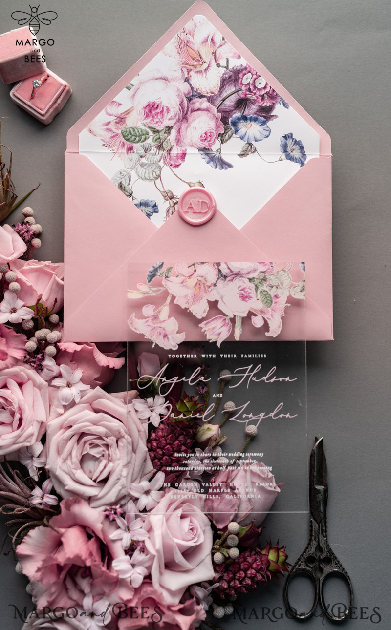 Luxury Floral Acrylic Plexi Wedding Invitations, Romantic Blush Pink Wedding Invites, Vintage Wedding Invitation Suite, Elegant And Handmade Wedding Cards-8