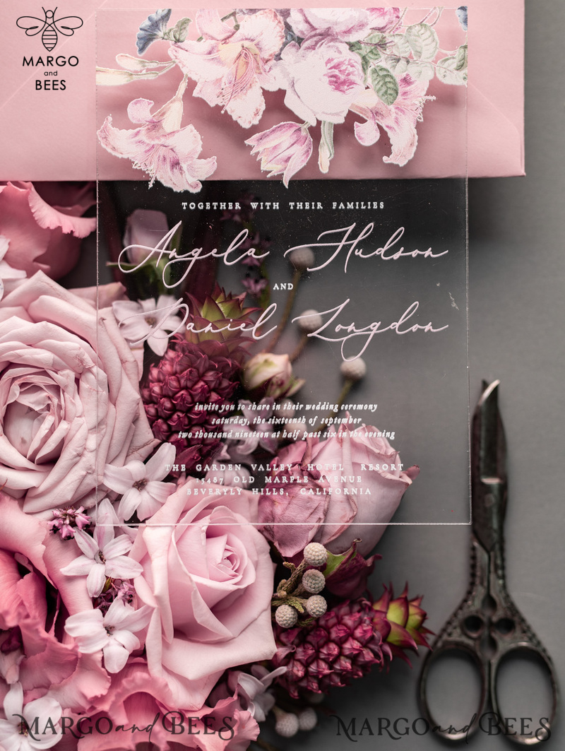 Luxury Floral Acrylic Plexi Wedding Invitations, Romantic Blush Pink Wedding Invites, Vintage Wedding Invitation Suite, Elegant And Handmade Wedding Cards-9