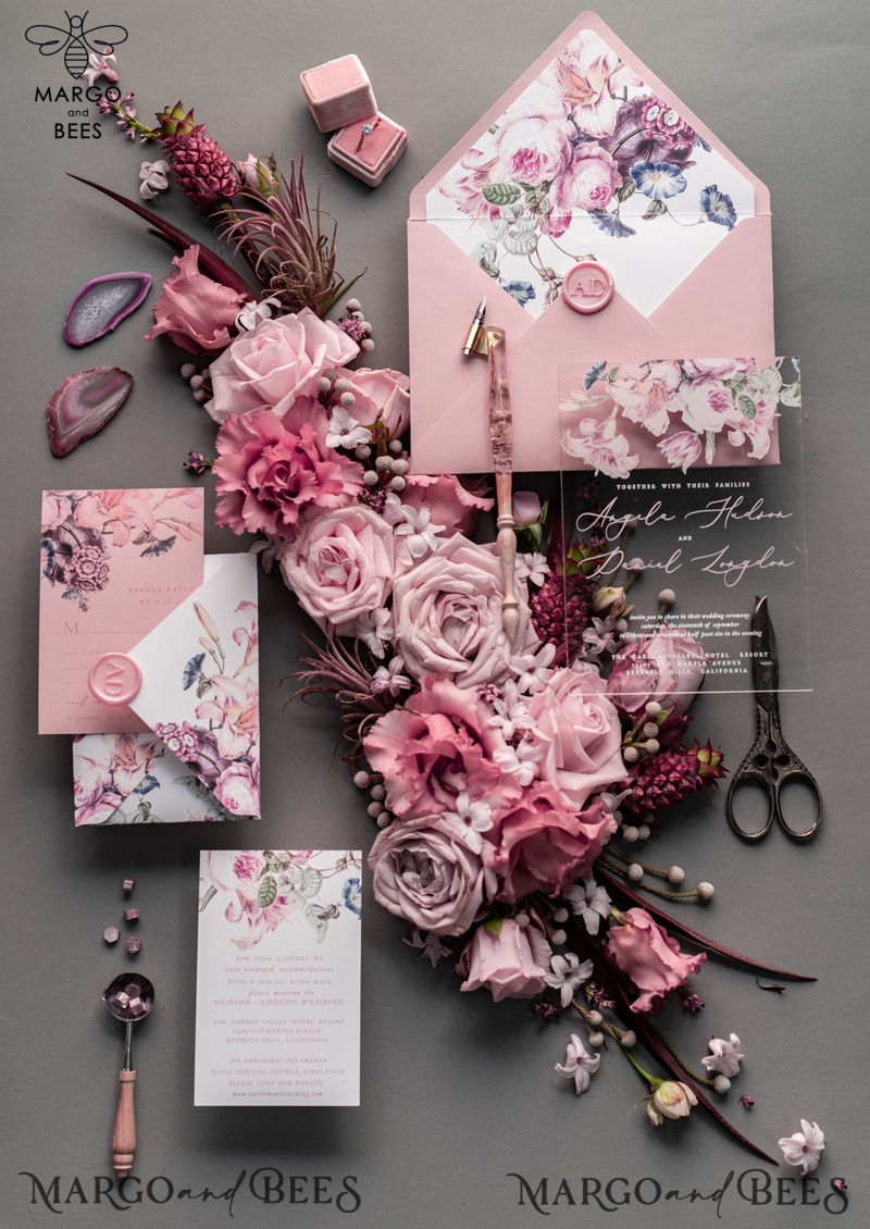Luxury Floral Acrylic Plexi Wedding Invitations, Romantic Blush Pink Wedding Invites, Vintage Wedding Invitation Suite, Elegant And Handmade Wedding Cards-0