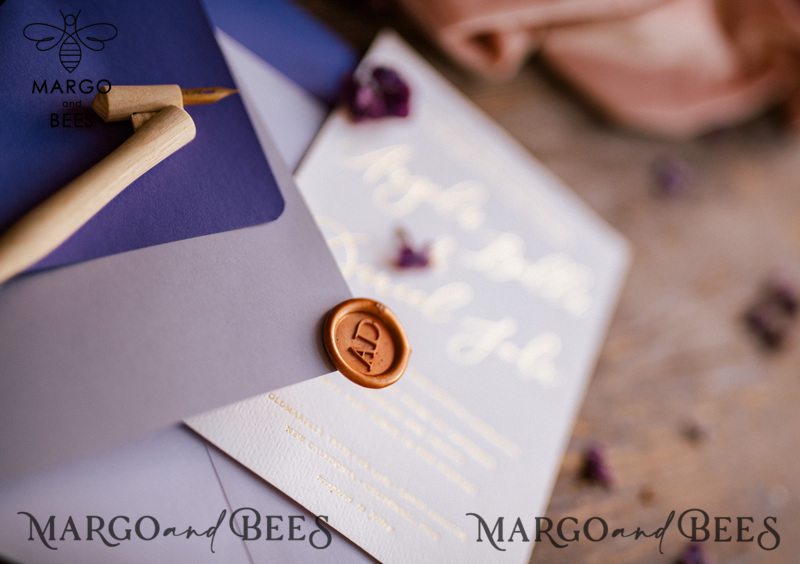 Minimalist Golden Wedding Invitations Fine Art Stationery with Golden Letters Purple  Envelope-2