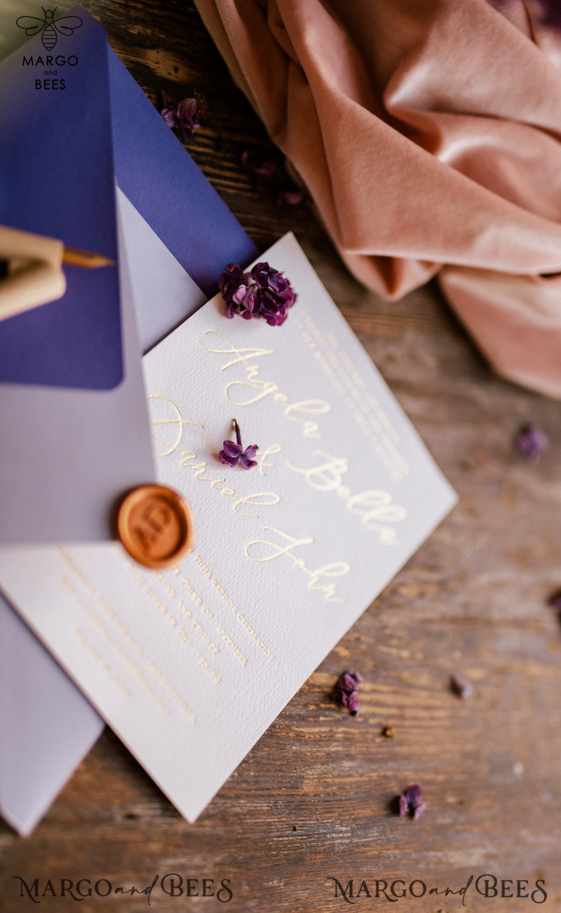 Minimalist Golden Wedding Invitations Fine Art Stationery with Golden Letters Purple  Envelope-7