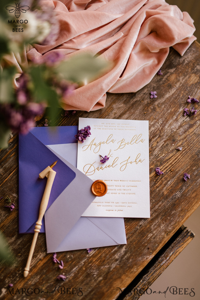 Minimalist Golden Wedding Invitations Fine Art Stationery with Golden Letters Purple  Envelope-0