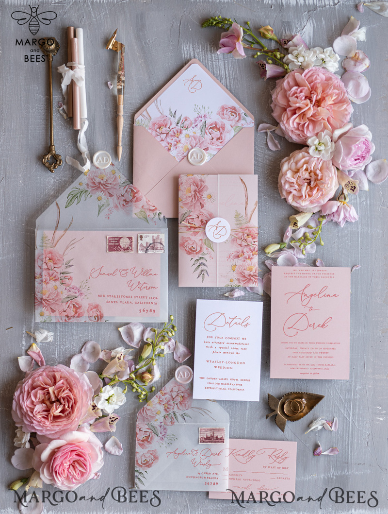 Romantic Floral Wedding Invitations, Elegant Blush Pink Wedding Invites With Vellum Cover, Glamour Pink Wedding Invitation Suite, Luxury Wedding Cards -0