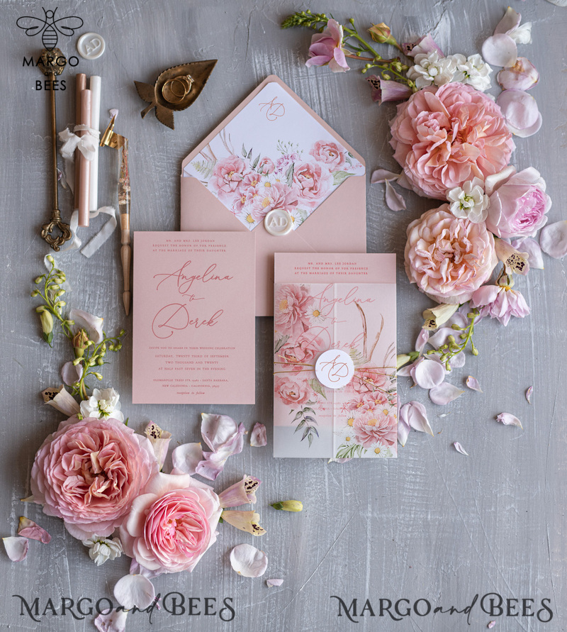 Romantic Floral Wedding Invitations, Elegant Blush Pink Wedding Invites With Vellum Cover, Glamour Pink Wedding Invitation Suite, Luxury Wedding Cards -1