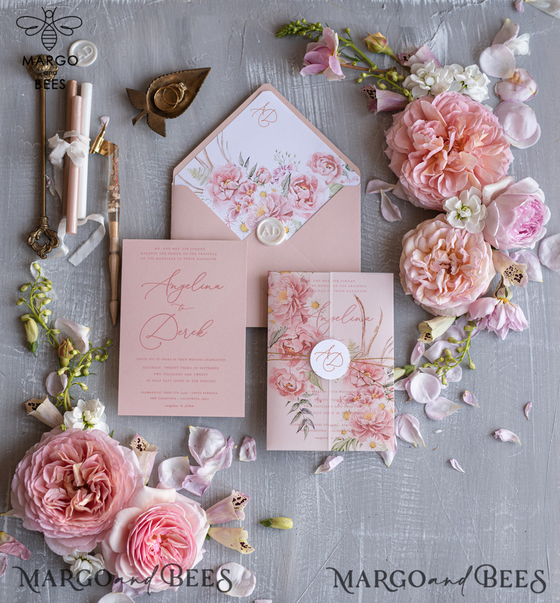 Romantic Floral Wedding Invitations, Elegant Blush Pink Wedding Invites With Vellum Cover, Glamour Pink Wedding Invitation Suite, Luxury Wedding Cards -2