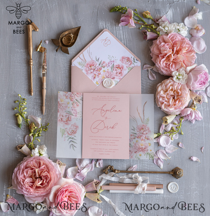 Romantic Floral Wedding Invitations, Elegant Blush Pink Wedding Invites With Vellum Cover, Glamour Pink Wedding Invitation Suite, Luxury Wedding Cards -3