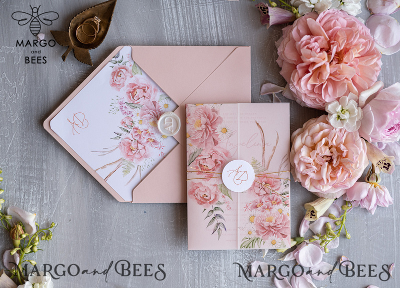 Romantic Floral Wedding Invitations, Elegant Blush Pink Wedding Invites With Vellum Cover, Glamour Pink Wedding Invitation Suite, Luxury Wedding Cards -4
