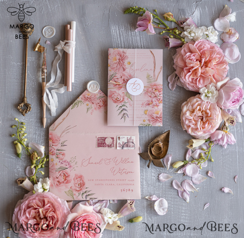 Romantic Floral Wedding Invitations, Elegant Blush Pink Wedding Invites With Vellum Cover, Glamour Pink Wedding Invitation Suite, Luxury Wedding Cards -5
