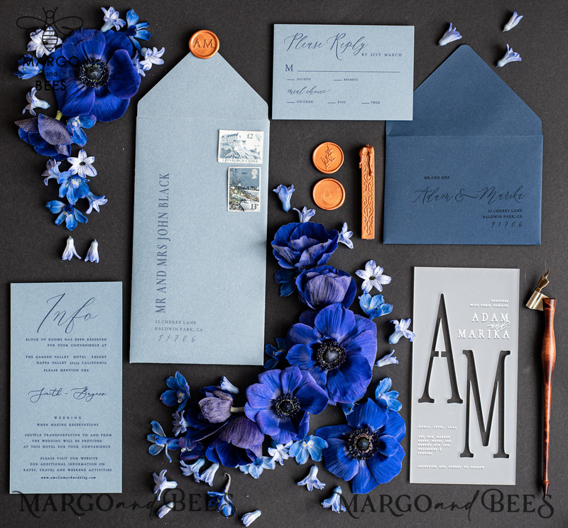 Acrylic wedding invitations, Navy velvet Wedding invitations online, dusty blue Navy wedding invitations, Romantic Wedding Invitation Suite-1
