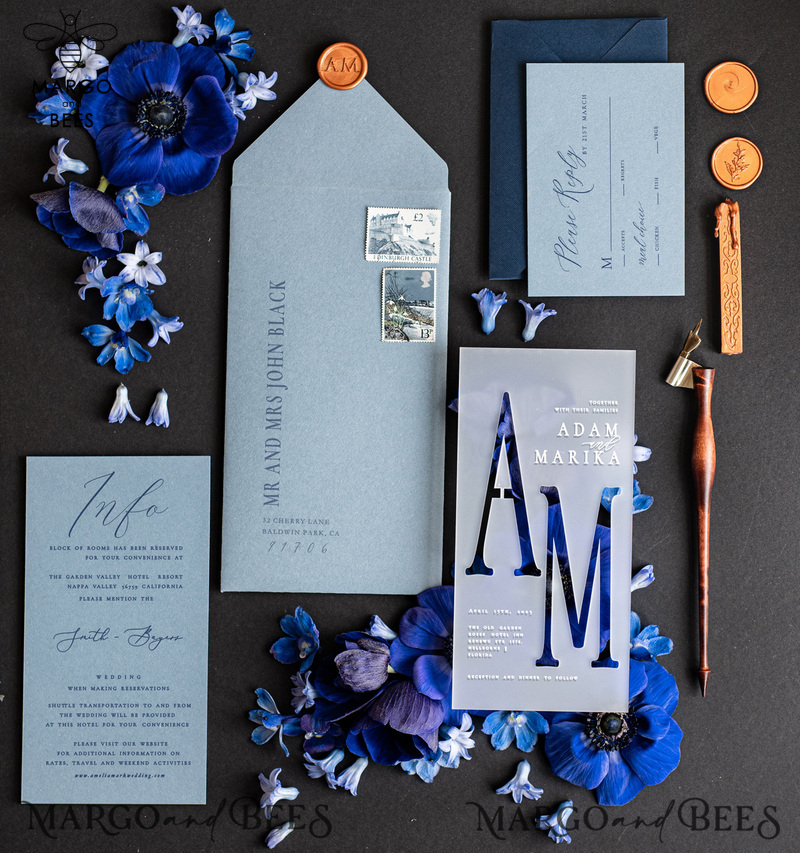 Acrylic wedding invitations, Navy velvet Wedding invitations online, dusty blue Navy wedding invitations, Romantic Wedding Invitation Suite-2
