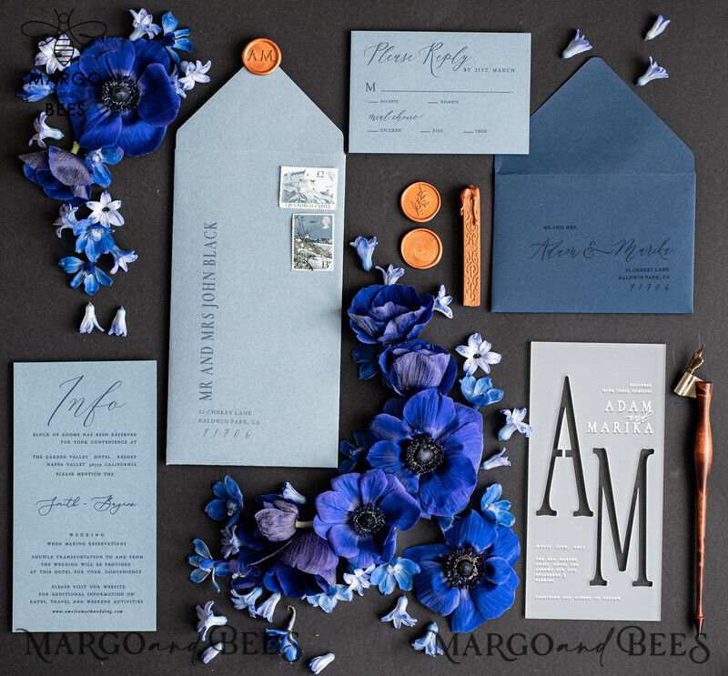 Elegant Acrylic Wedding Invitations in Navy Velvet and Dusty Blue: A Romantic Wedding Invitation Suite Online-1