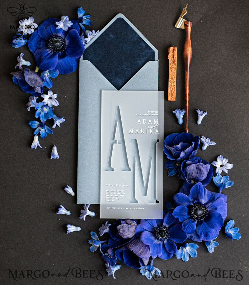 Elegant Acrylic Wedding Invitations in Navy Velvet and Dusty Blue: A Romantic Wedding Invitation Suite Online-4