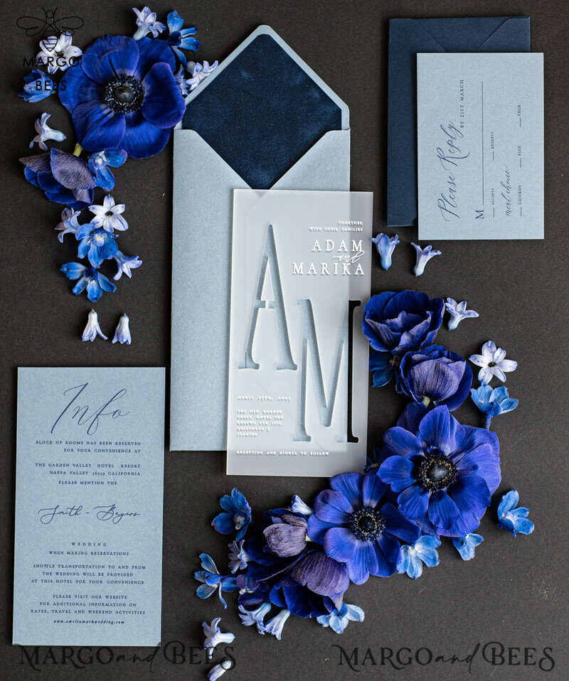 Elegant Acrylic Wedding Invitations in Navy Velvet and Dusty Blue: A Romantic Wedding Invitation Suite Online-0