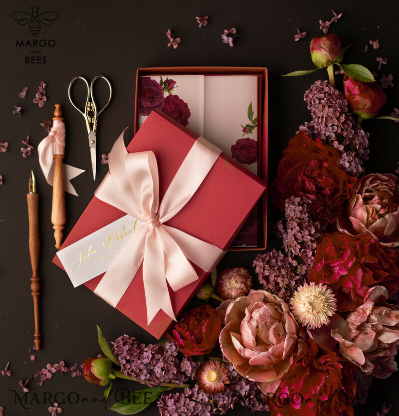 Romantic Red Box Wedding Invitations, Elegant Acrylic Plexi Wedding Invites, Glamour Golden Shine Wedding Cards, Handmade Vellum Wedding Invitation Suite-1