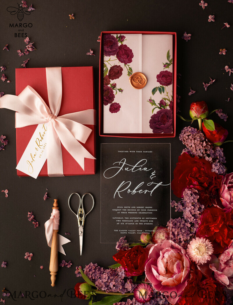 Romantic Red Box Wedding Invitations, Elegant Acrylic Plexi Wedding Invites, Glamour Golden Shine Wedding Cards, Handmade Vellum Wedding Invitation Suite-2