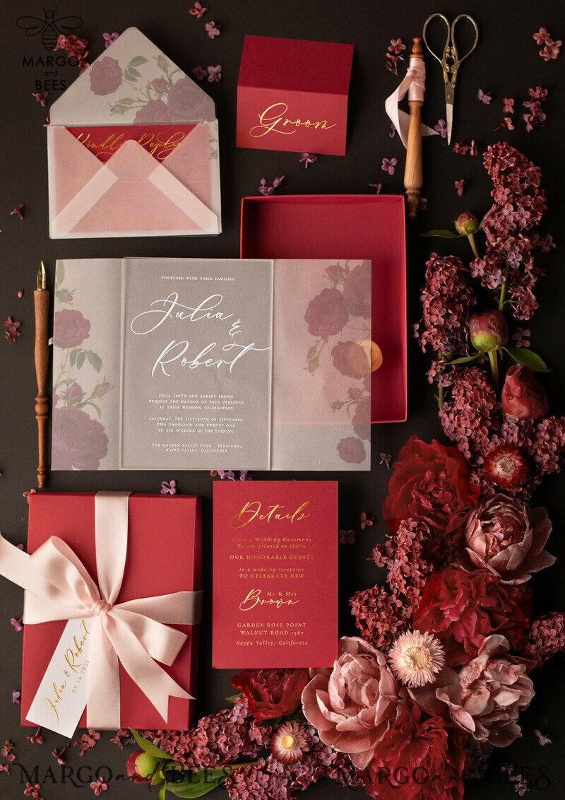 Romantic Red Box Wedding Invitations, Elegant Acrylic Plexi Wedding Invites, Glamour Golden Shine Wedding Cards, Handmade Vellum Wedding Invitation Suite-3
