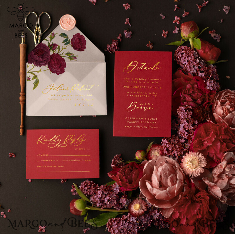 Romantic Red Box Wedding Invitations, Elegant Acrylic Plexi Wedding Invites, Glamour Golden Shine Wedding Cards, Handmade Vellum Wedding Invitation Suite-4