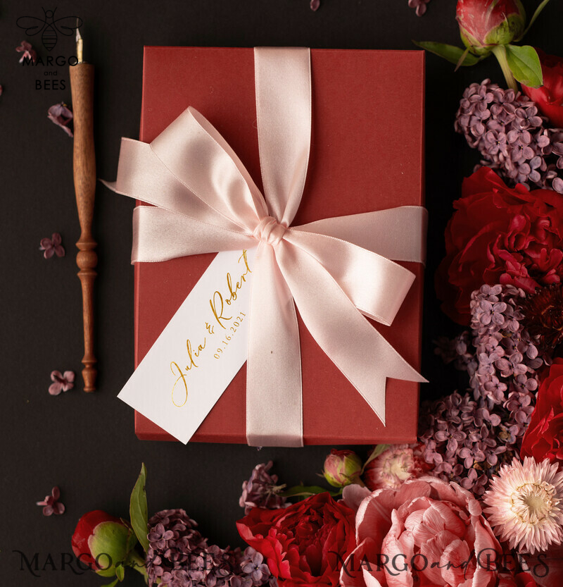 Romantic Red Box Wedding Invitations, Elegant Acrylic Plexi Wedding Invites, Glamour Golden Shine Wedding Cards, Handmade Vellum Wedding Invitation Suite-5