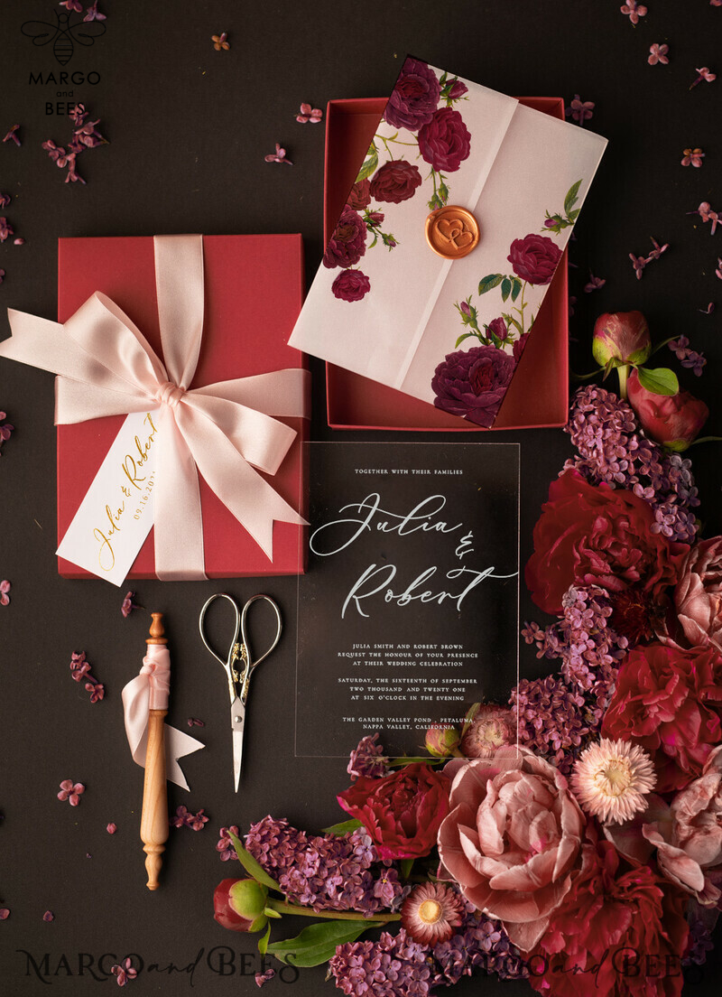Romantic Red Box Wedding Invitations, Elegant Acrylic Plexi Wedding Invites, Glamour Golden Shine Wedding Cards, Handmade Vellum Wedding Invitation Suite-7