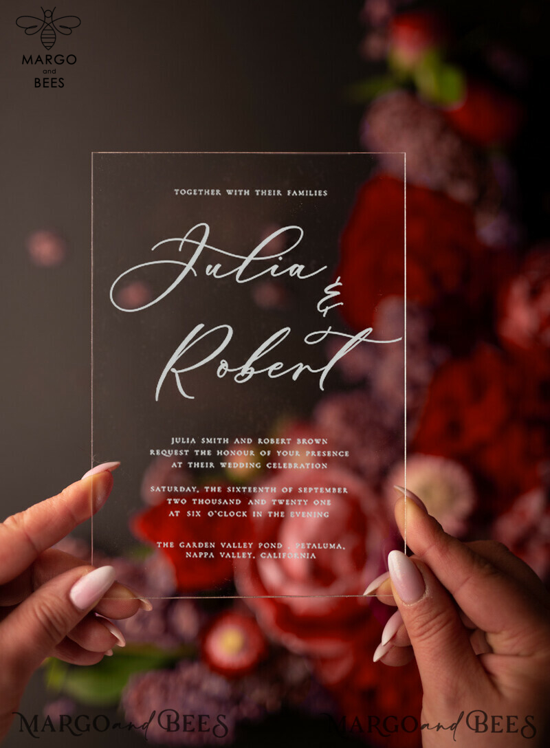Romantic Red Box Wedding Invitations, Elegant Acrylic Plexi Wedding Invites, Glamour Golden Shine Wedding Cards, Handmade Vellum Wedding Invitation Suite-8