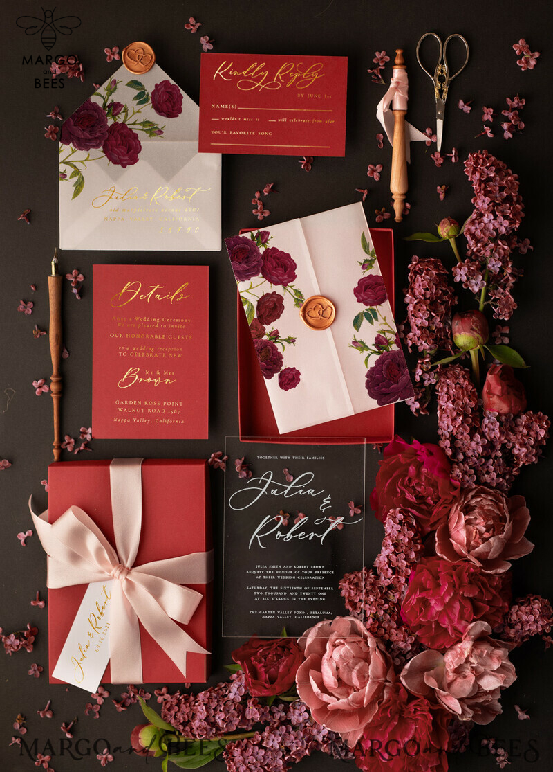 Romantic Red Box Wedding Invitations, Elegant Acrylic Plexi Wedding Invites, Glamour Golden Shine Wedding Cards, Handmade Vellum Wedding Invitation Suite-0