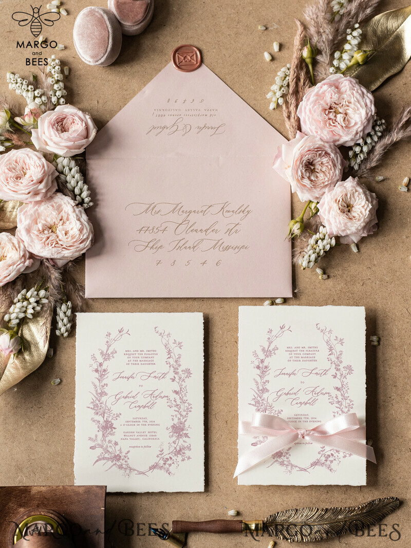 Dusty Rose Wedding Invitations, Wildflower Wedding invitations, Vintage Blush Pink  Invitation Set,  Floral Wedding Invitation, Romantic Wedding Invites-2