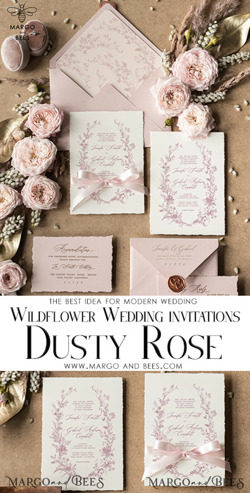 Dusty Rose Wedding Invitations, Wildflower Wedding invitations, Vintage Blush Pink  Invitation Set,  Floral Wedding Invitation, Romantic Wedding Invites-3