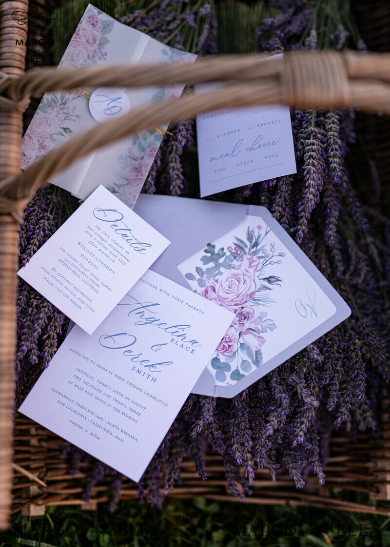 Romantic Lilac Wedding Invitations, Elegant Floral Wedding Invites With Vellum Cover, Minimalistic Wedding Invitation Suite, Modern Handmade Wedding Cards-2