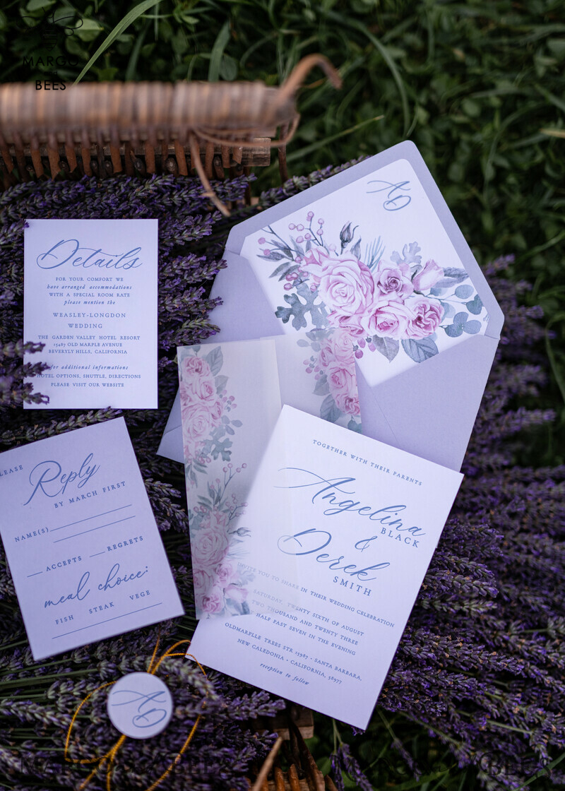 Romantic Lilac Wedding Invitations, Elegant Floral Wedding Invites With Vellum Cover, Minimalistic Wedding Invitation Suite, Modern Handmade Wedding Cards-0