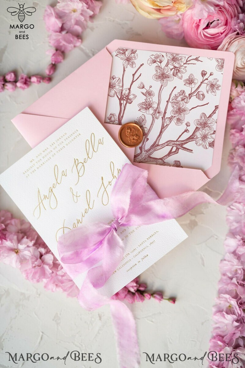 Romantic Pink Wedding Invitations, Elegant Cherry Blossom Wedding Invites, Bespoke Pink Sakura Wedding Cards, Handmade Wedding Stationery-1