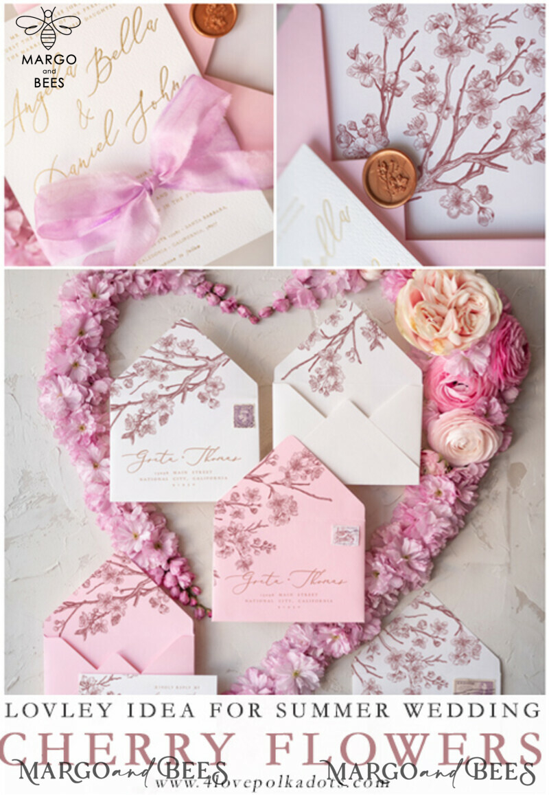 Romantic Pink Wedding Invitations, Elegant Cherry Blossom Wedding Invites, Bespoke Pink Sakura Wedding Cards, Handmade Wedding Stationery-10