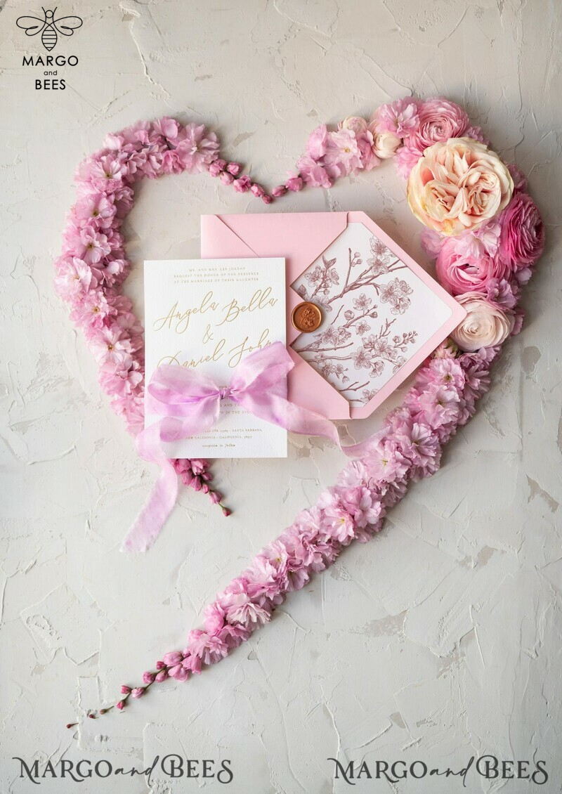 Romantic Pink Wedding Invitations, Elegant Cherry Blossom Wedding Invites, Bespoke Pink Sakura Wedding Cards, Handmade Wedding Stationery-4